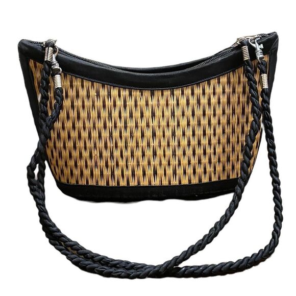 Baskets of Cambodia Rattan Woven Tan with Black Braided Strap Bag Purse - Picture 1 of 5